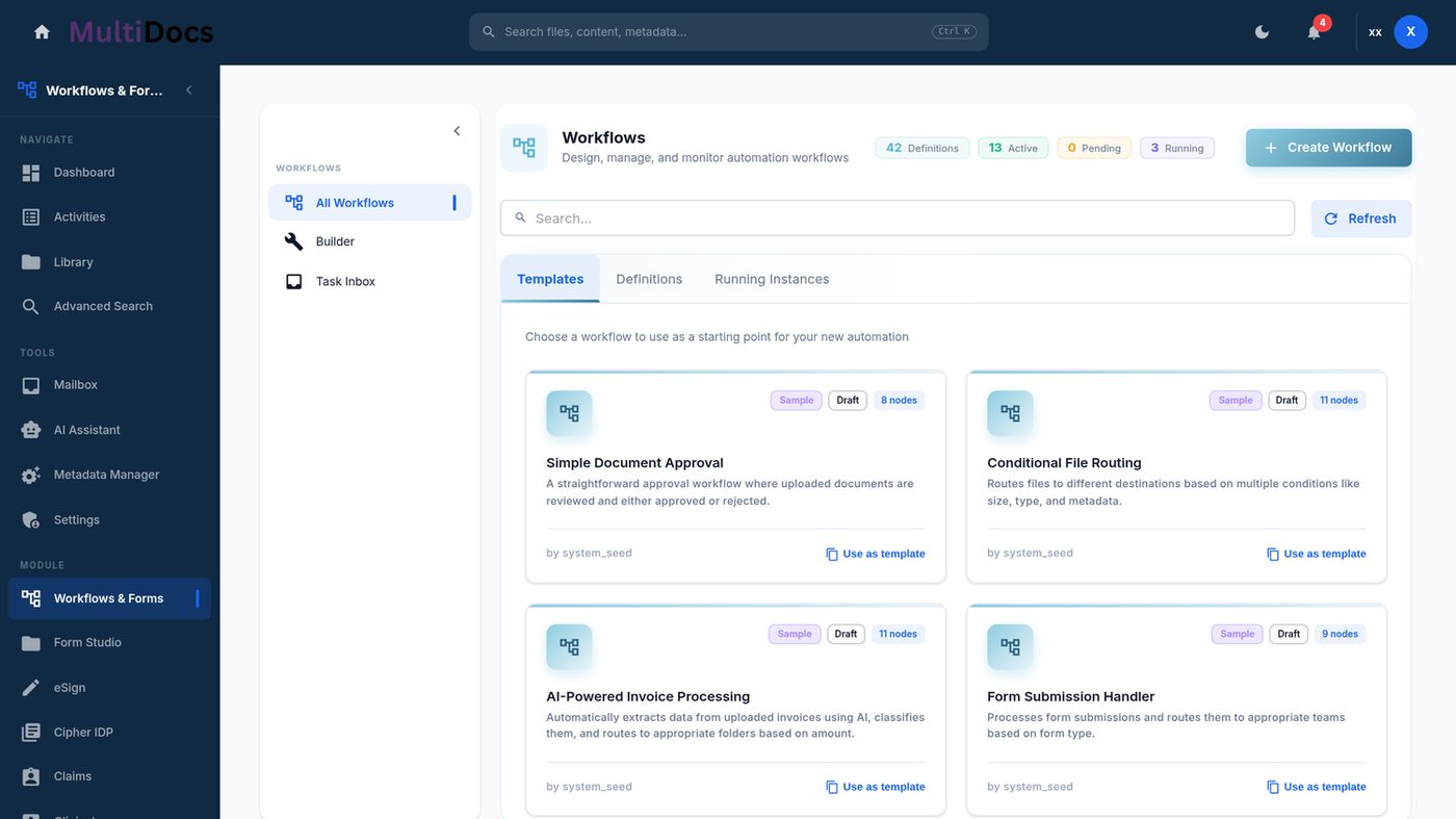 Visual workflow builder with templates and running instances